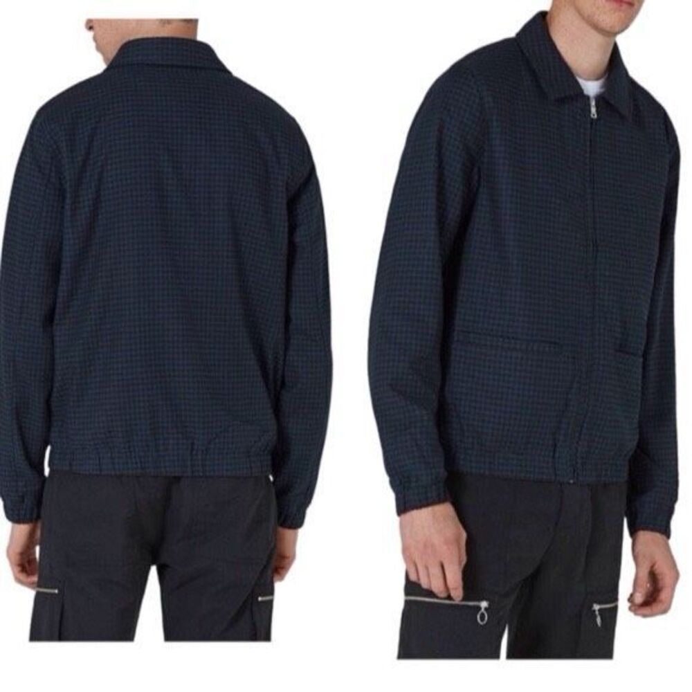 TOPMAN UK Plaid Harrington Jacket Collared Cotton Blue Black Large